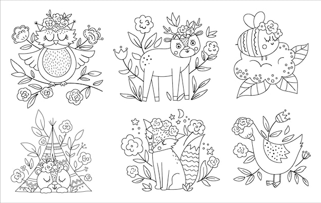 Vector black and white woodland animals insects and birds collection boho outline forest compositions or coloring pages bohemian line fox owl bear deer goose with flowers on heads xa