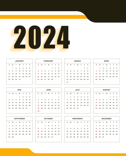 벡터 검정색과 노란색 달력 2024 새해 배너 템플릿 디자인