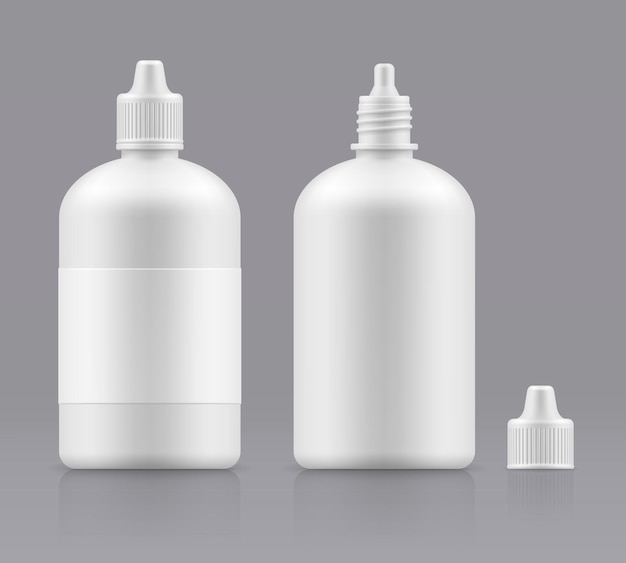 Vector blank bottle with cap open and closed white medical container 3d object for design plastic packing realistic template mockup packaging medicine eye wash bottles liquid lens