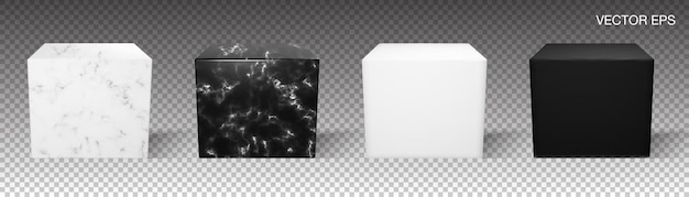 製品広告用のベクター空白大理石スタンド 石付きの黒と白のリアルな立方体のセット