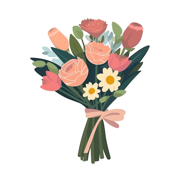 Vector vector bloemen boeket zomer lente boeket sticker geïsoleerd vrouw bloemen cadeau tulpen en madeliefje