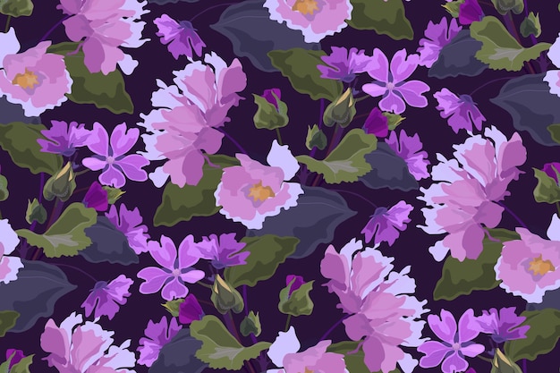 Vector vector bloemen naadloos patroon illustratie met violet paarse tuin bloemen groen leven