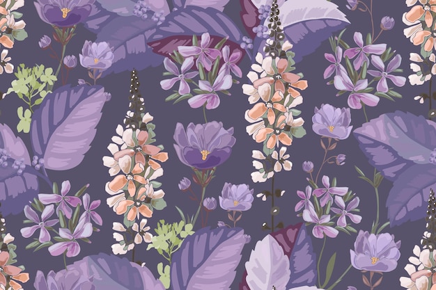 Vector bloemen naadloos patroon lilac violet perzik kleur bloemen en kruiden op een paarse achtergrond