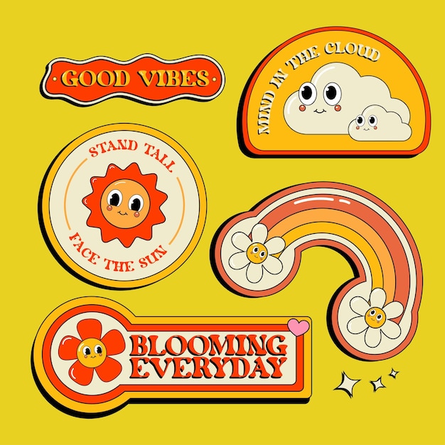 Vector bloming day handgetekende retro sticker collectie