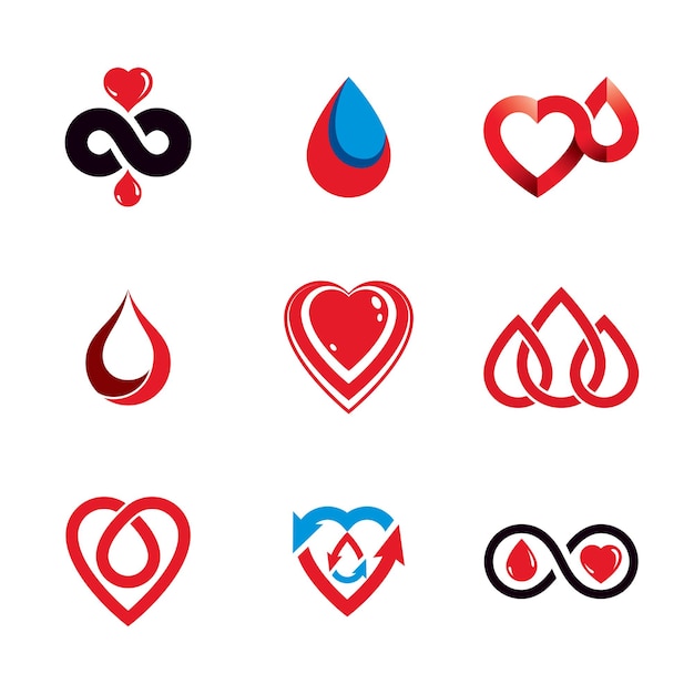 Vector blood donation conceptual illustrations collection. Healthcare and medical treatment concepts for use in pharmaceutical business.