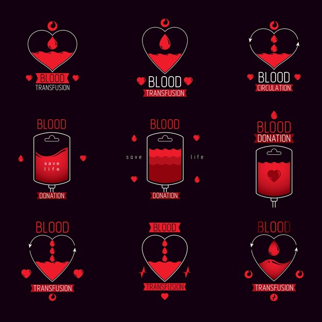 Vector blood donation conceptual illustrations collection. Healthcare and medical treatment concepts for use in pharmaceutical business.