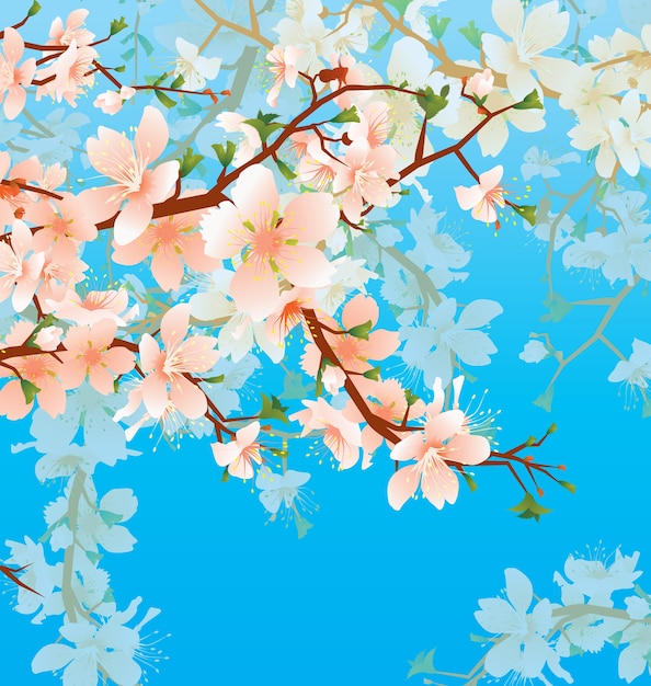 Vector blossoming tree brunch in the garden on the blue sky background