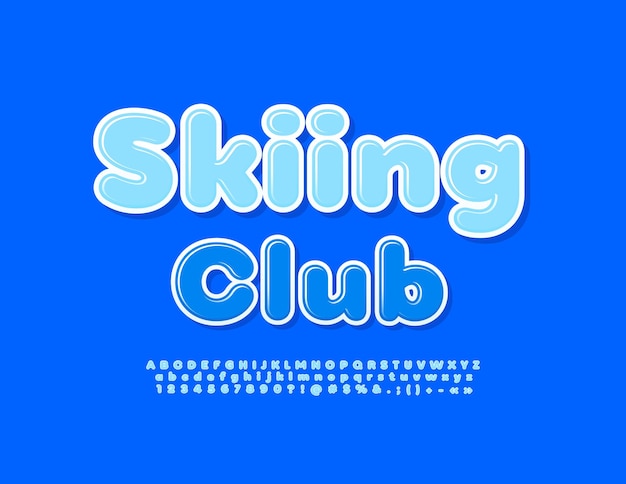 Vector blue badge skiing club. modern alphabet letters, numbers and symbols set. bright stylish font