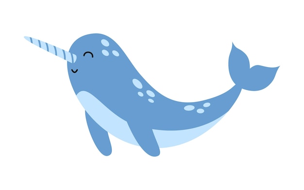 Vector blue narwhal Cute marine life animal in flat design Narwhal with horn