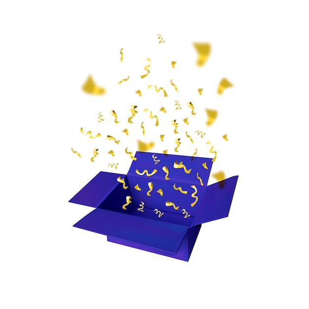 Vector Blue Open Box with Confetti and Serpentine Explosion Isolated on White Background