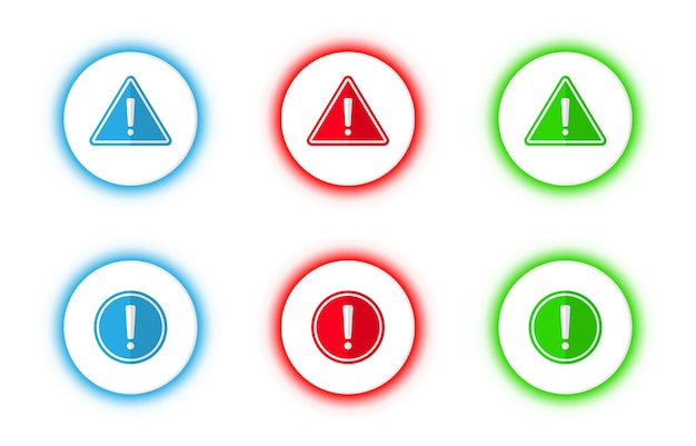 Vector blue, red and green isolated alert warning sign button set.