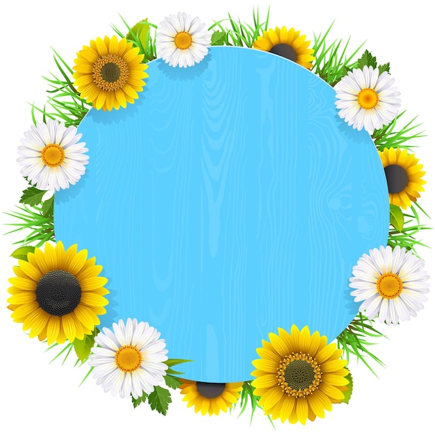 Vector blue round wooden frame with flowers