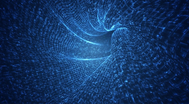 Vector blue stream of luminous particles and crystals, virtual data