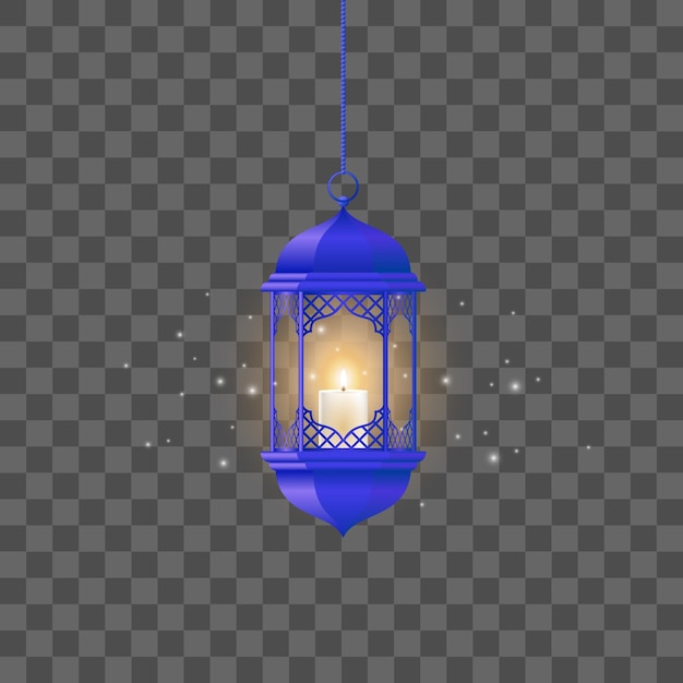 Lanterne luminose vintage blu di vettore, lampade arabe brillanti isolate, lampade realistiche sospese