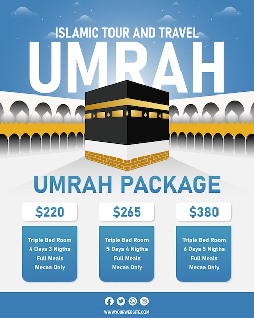 Vector blue and white Umrah package flyer