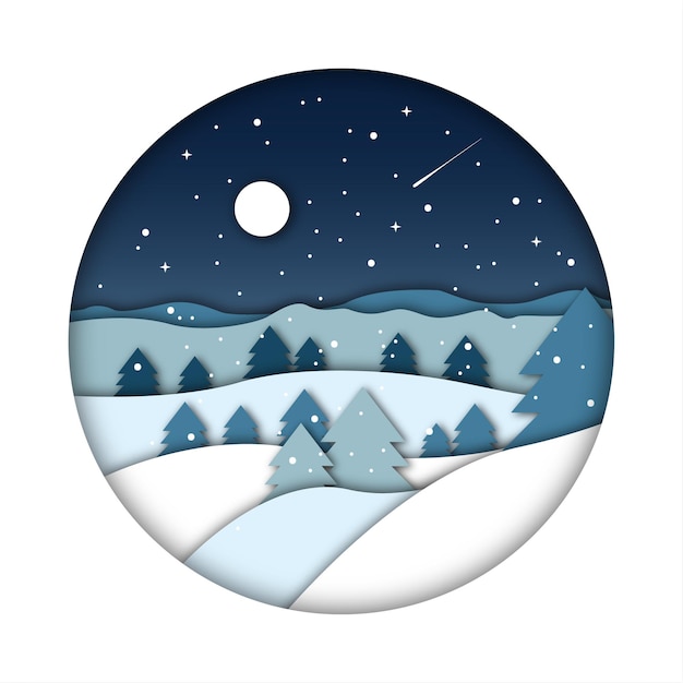 vector blue winter landscape with paper cutout style