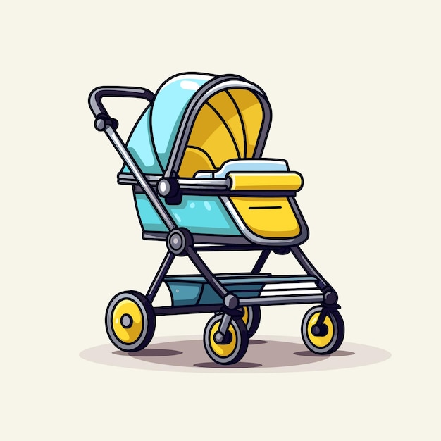 Vector of a blue and yellow stroller with wheels perfect for taking your little one on a stroll