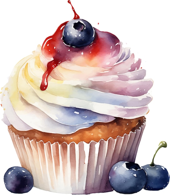 Vector vector blueberry cupcake white frosting watercolor texture