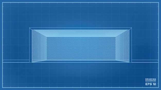 벡터 파란색 배경에 축구 골 포스트의 벡터 청사진 와이어프레임.