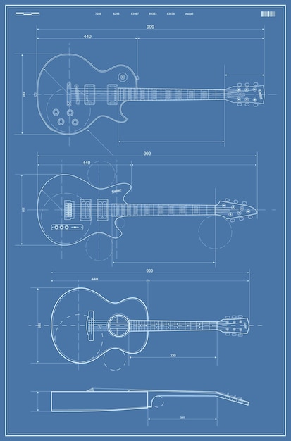 일렉트릭 및 어쿠스틱 기타가 있는 벡터 청사진