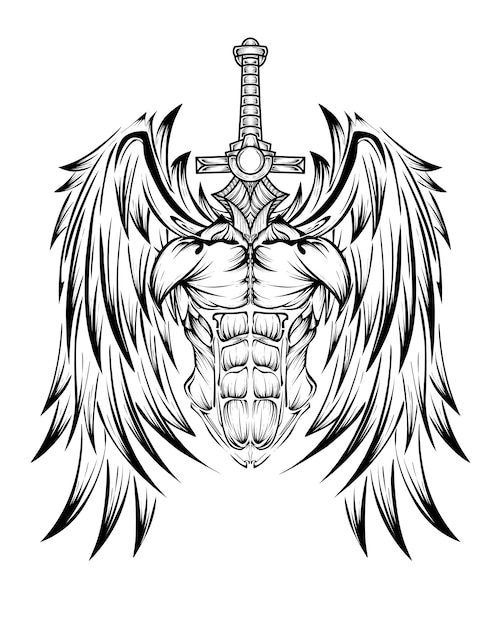 Vector body tattoo with tribal angel wings illustration