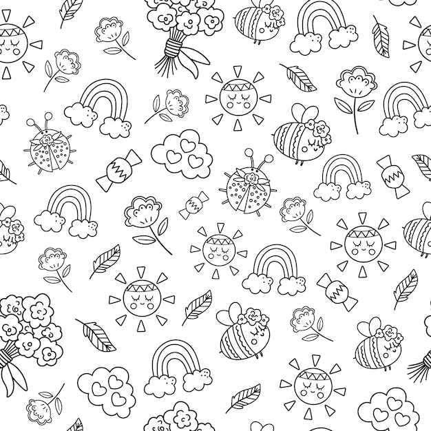 Vector boho black and white ornament Bohemian seamless pattern with kawaii sun flowers rainbow Wild and free or holiday background Ethnic tribal digital paper for kids or coloring pagexA