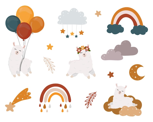 Vector boho clipart for nursery decoration with cute alpaca llama rainbows moon cloud stars Modern illustration Perfect for baby shower birthday children's party