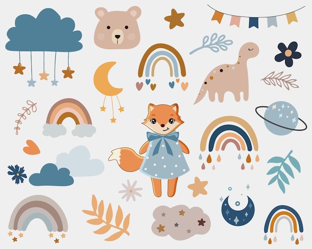 Vector boho clipart for nursery decoration with cute rainbows moon fox cloud stars Modern illustration Perfect for baby shower birthday children's party