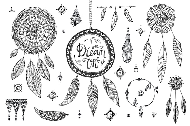 Vector set di decorazioni boho collezione di divisori per acchiappasogni di bordi doodle disegnati a mano