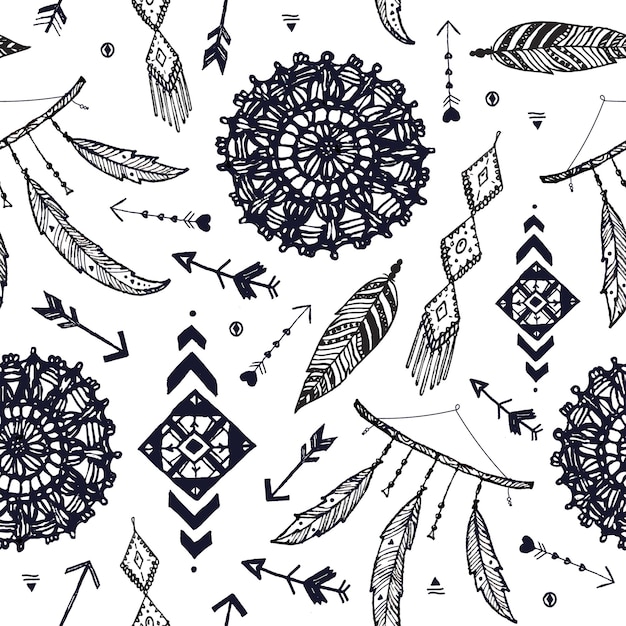 Vector vector boho seamless pattern. hand drawn dream catcher, bird feather, arrows background. black and white