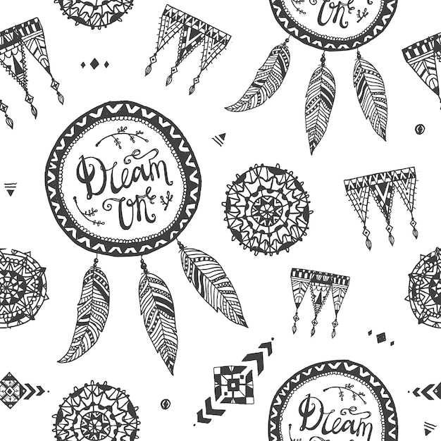 Vector boho style seamless pattern, fabric, background. hand drawn dreamcatcher, lace