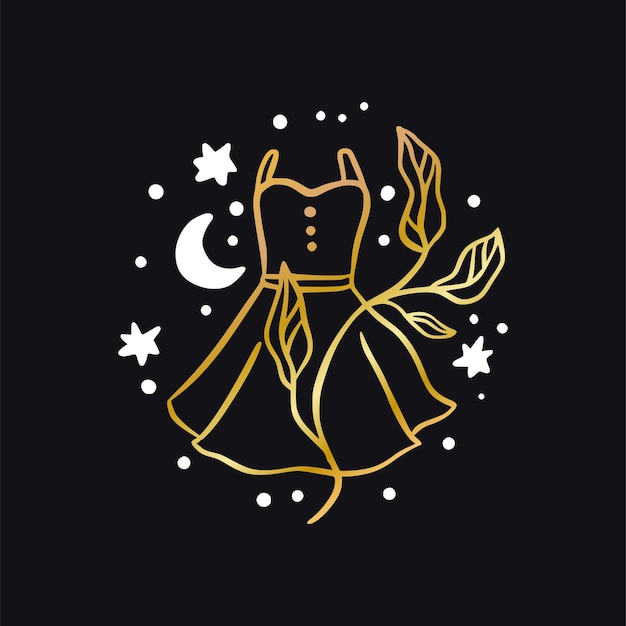 Vector boho vrouw mode jurk hemelse icoon - ster en maan gouden logo