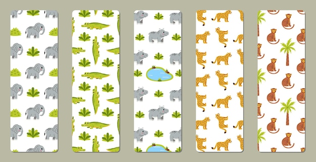 Vector bookmarks set with cute African animals Crocodiles elephants monkeys leopards