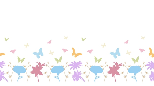 Vector border of handdrawn colored flowers and butterflies