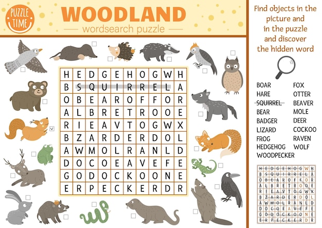 Vector bos dieren en vogels woordzoeker puzzel voor kinderen Eenvoudig bos kruiswoordraadsel met vos beer uil eekhoorn voor kinderen Educatieve trefwoord activiteit met das bever slang herten boarxA