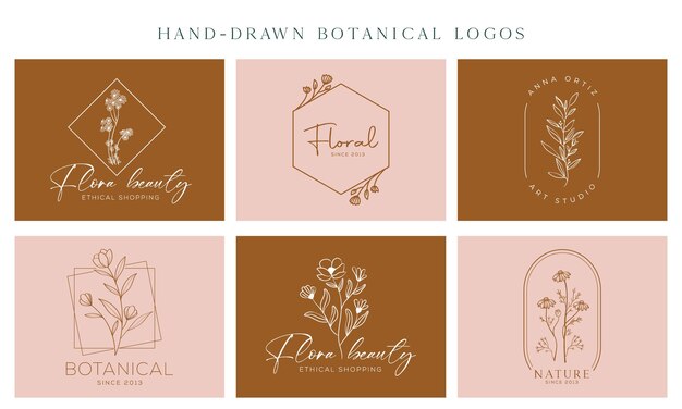 ベクトル 野生の花とベクター植物花要素手描きのロゴは、フェミニンとコスメットのロゴを残します