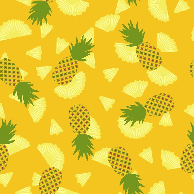 Vector botanical seamless pattern with tropical fruits exotic pineapples ananas on yellow background