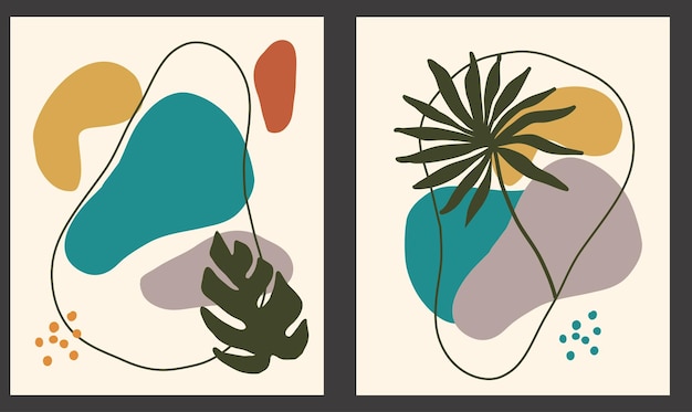 Vector botanical vertical banners set with leaves and oval elements in different color palettes
