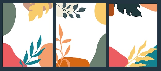 Vector botanical vertical banners set with leaves and oval elements in different color palettes