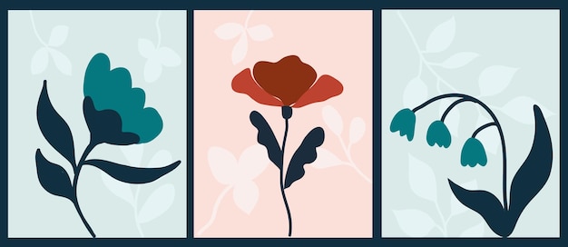 Vector botanical vertical banners set with leaves and oval elements in different color palettes