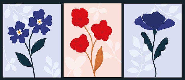 Vector botanische verticale banners set met bladeren en ovale elementen in verschillende kleurenpaletten