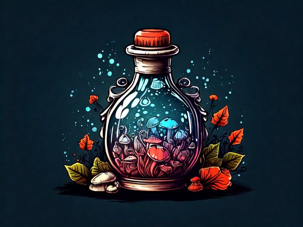 Векторная бутылка волшебного зелья с грибами, нарисованная вручную векторной иллюстрацией в стиле рисунка