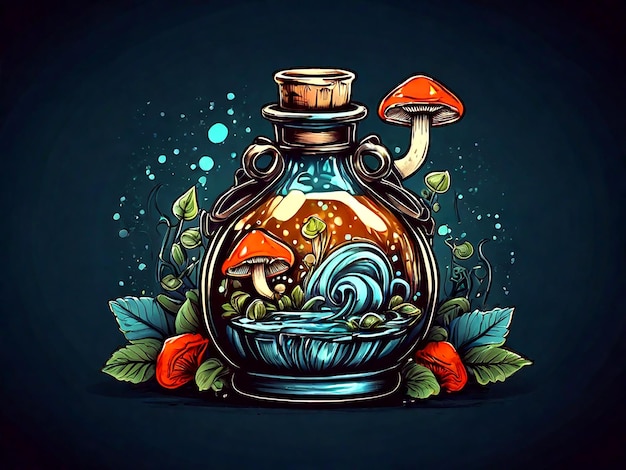 Векторная бутылка волшебного зелья с грибами, нарисованная вручную векторной иллюстрацией в стиле рисунка