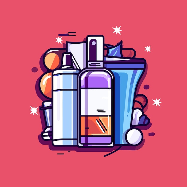 Vector of a bottle of shampoo and other beauty products on a pink background