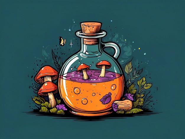 Vector Bottle van magisch drankje met paddenstoelen met de hand getekende vector illustratie in doodle stijl