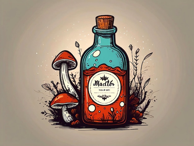 Vector Bottle van magisch drankje met paddenstoelen met de hand getekende vector illustratie in doodle stijl