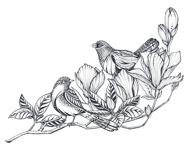 Vector vector bouquet of doodle hand drawn magnolia sakura flowers and birds beautiful romantic elegant floral composition