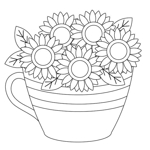 Vector Bouquet Doodle Sunflower in basket illustration in outline style