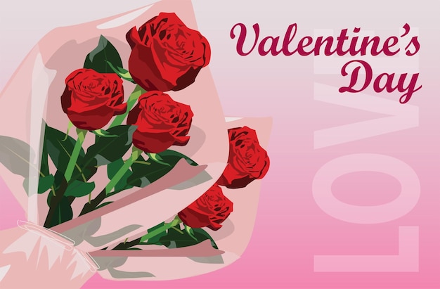 vector of bouquet red rose with beautiful leaves celebrating Valentine's Day love pink white