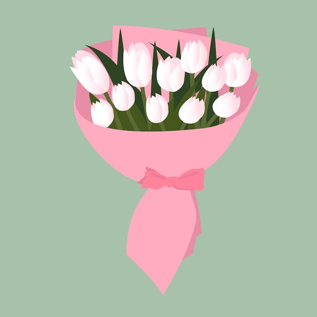 Vector bouquet of rose and white tulips flowers isolated on a green background